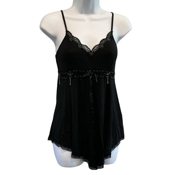 Vintage Womens Y2K Fairy Babydoll Tank Top M Black Embellished Lace Trim Gothic - Picture 2 of 9